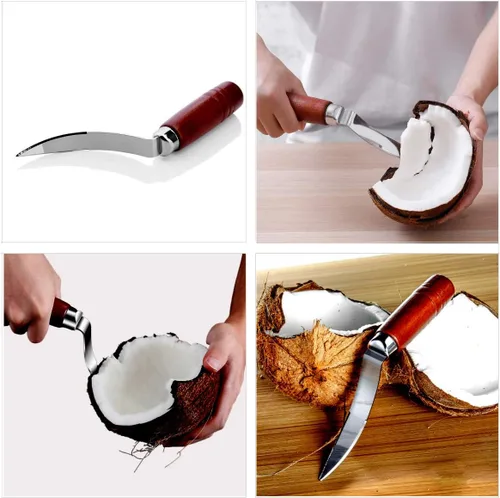 Vista 5 de Juego de herramientas de abridor de coco de alta calidad, cuchillo raspador de coco y removedor de carne de coco de acero inoxidable con mango
