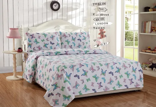 Vista 2 de Mk Collection - Juego de sábanas con diseño de mariposa, morado, rosa, turquesa, verde, flores (individual)