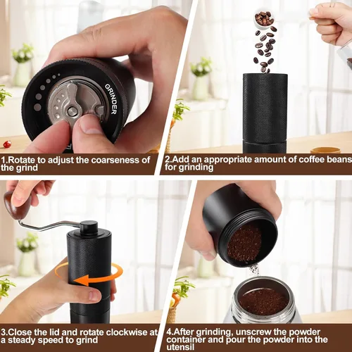 Vista 8 de Molinillo de café manual, caja de regalo, rebaba cónica desmontable de acero inoxidable, molinillo de granos de café de aluminio con 25 ajustes