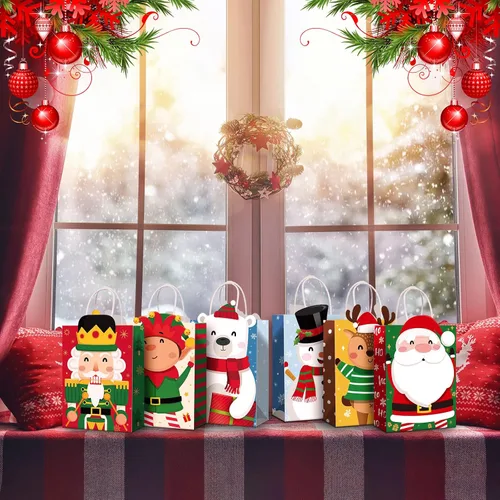 Vista 4 de Funrous - 18 paquetes de 36 bolsas de regalo de Navidad - 6 diseños - bolsas de papel kraft de Navidad - regalos de Navidad con asas para aperitivos
