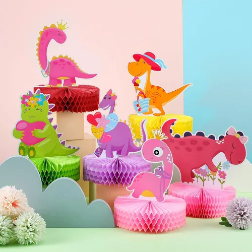 Vista 4 de Leinuosen 9 piezas de decoraciones de cumpleaños de dinosaurio para niñas, decoraciones de mesa de fiesta de dinosaurio rosa 3D, centros de mesa