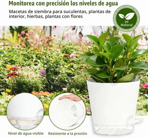 Vista 7 de Macetas de riego automático de 8 pulgadas, paquete de 2 macetas de plástico con agujeros de drenaje y platillos transparentes, macetas de plástico