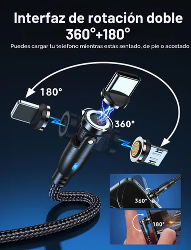 Vista 3 de Cable de carga magnético de rotación 540 de 100 W, 3.3 pies/6 pies, paquete de 2 unidades, cable USB C a USB C, cable de carga magnética, cable