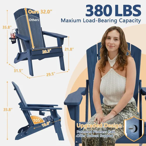 Vista 2 de Folding Adirondack Chair Set of 2 with Cup Holder & Ottoman, HDPE All Weather Resistant Plastic Outdoor Patio Chairs, Heavy Duty Fire Pit Seating