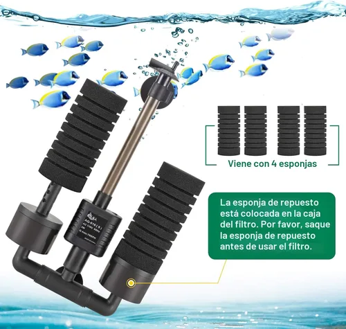 Vista 5 de AQQA Filtro de Esponja Eléctrico para Acuario, Filtro de Espuma Sumergible Silencioso de 3W/5W, Esponjas con Bolas de Medios Cerámicos Bio, Filtro