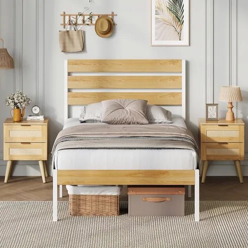 Vista 8 de WLIVE Base de cama tapizada, marcos de cama individual con cabecero, cama de plataforma con listones de madera, base de colchón de 600 libras,