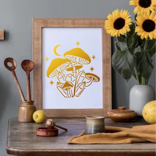Vista 2 de 20 piezas de plantillas de hongos, plantillas reutilizables de hongos de estilo bohemio, luna y flores para pintar en madera, lienzo, azulejos