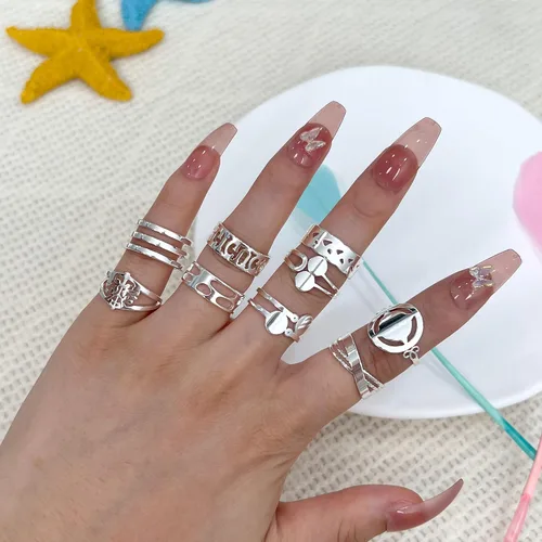 Vista 4 de Suonie S925 - Juego de anillos para nudillos para mujer anillos ajustables para niñas anillos de articulación corona de flores y estrellas anillos