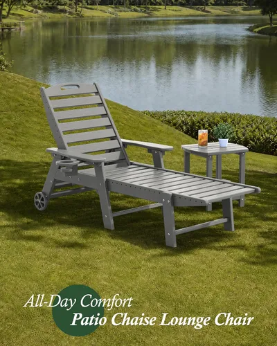 Vista 3 de Tumbona al aire libre, silla de descanso al aire libre con textura de madera, respaldo ajustable de 5 posiciones, silla de salón de polietileno