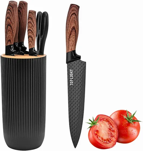 Vista 10 de Juego de cuchillos de cocina de acero inoxidable con revestimiento de madera de 6 piezas con bloque (beige) Wood Grain Handle,Non-Stick,Sharp