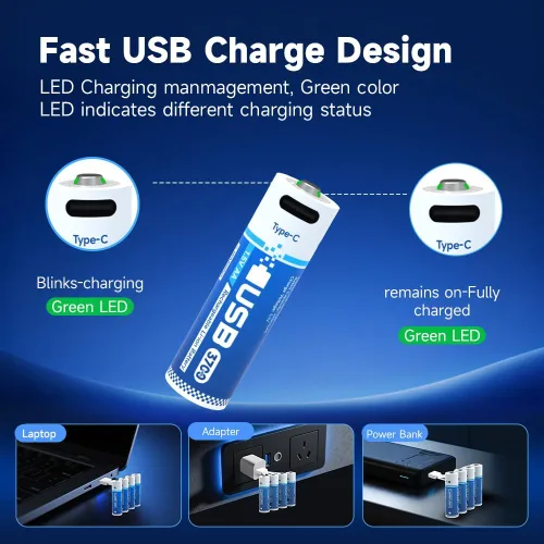 Vista 3 de Lleva cualquier batería de litio AA recargable por USB, 3 horas de tiempo de carga, recarga más de 1600 veces, 2450 mAh, cable de carga USB-A a