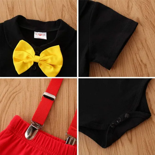 Vista 6 de IBTOM CASTLE Conjunto de ropa de esmoquin con moño, para el primer cumpleaños, para niños, caballero, formal, con corbatín y pantalones