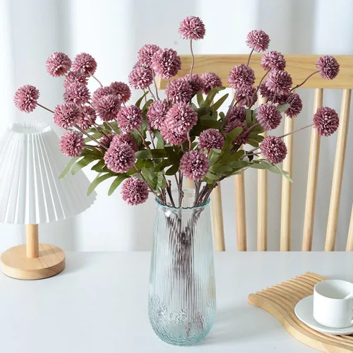 Vista 4 de Pompon Mum Flores artificiales, 6 flores de tallo largo de seda sintética a granel, mini crisantemos falsos para bricolaje, centros de mesa, Morado