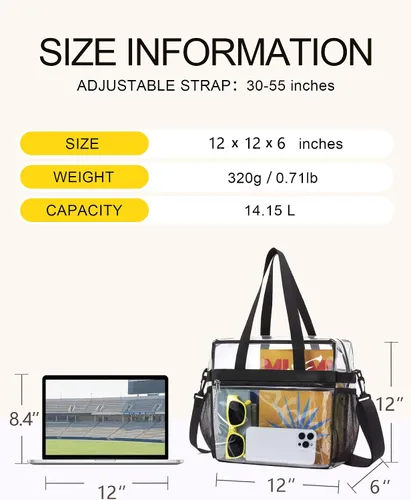 Vista 2 de Lyingflat Bolsa transparente para eventos de estadio - 12x6x12, bolsa de deporte transparente con correas reforzadas para el hombro
