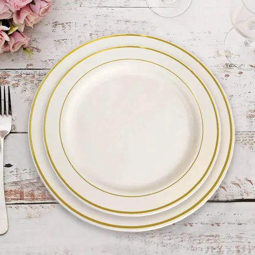 Vista 9 de Efavormart - Paquete de 50 platos redondos de postre de plástico Très Chic de 6 pulgadas con borde dorado