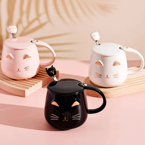 Vista 2 de Juego de Tazas de Gato de 3 Lindas Tazas de Cerámica para Gatos con Tapa, Cuchara y Posavasos Taza de Café para Gatos para Mujeres, Niños, Amantes