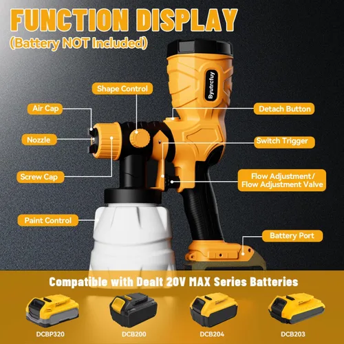 Vista 2 de Pulverizador de pintura para batería Dewalt de 20 V, pistola de pintura eléctrica HVLP de 300 W con boquillas de 4 tamaños y 3 patrones