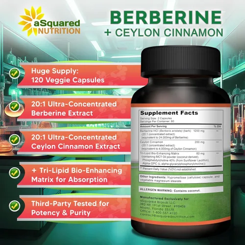 Vista 6 de aSquared Nutrition Suplemento de Berberina con Canela de Ceilán - Complejo de Máxima Potencia de 1400mg - 120 Cápsulas - Extracto en Polvo HCl