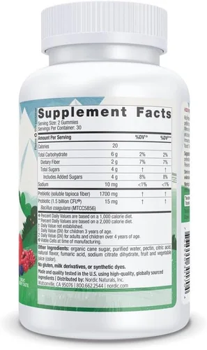 Vista 2 de Nordic Naturals Gomitas probióticas Kids Nordic Flora para niños, Merry Berry Punch - 60 gomitas - 1.5 mil millones de CFU y fibra prebiótica - sin