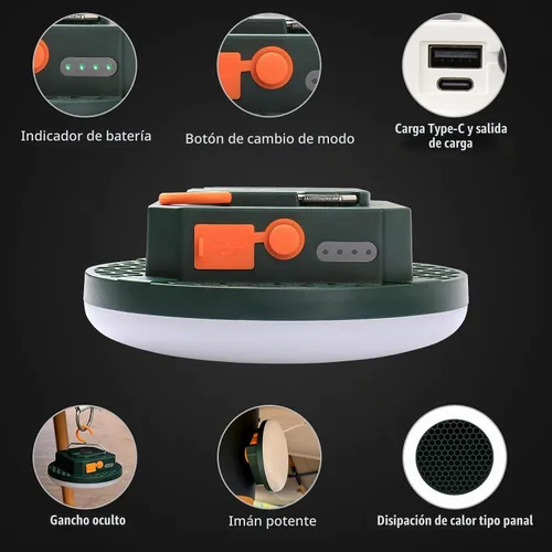 Vista 2 de Linterna LED recargable ultra brillante, luz colgante portátil con carga USB C, IPX5 impermeable, base magnética y gancho para campamento, glamping