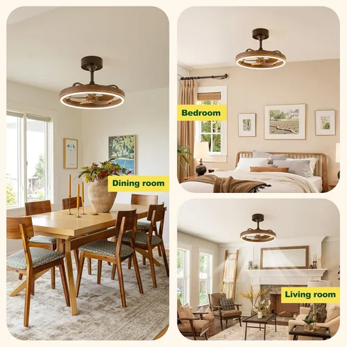 Vista 2 de Farmhouse Fandelier Retro Ceiling Fan with Light, 20" Rustic Brown Dimmable LED Chandelier Ceiling Fans, Low Profile Smart Bladeless Ceiling Fan