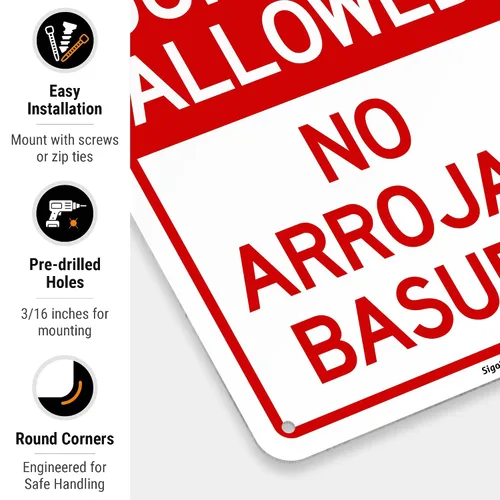 Vista 2 de No se permite el dumping No Arrojar Basura Bilingüe Sign, 10 x 7 pulgadas, aluminio 040 libre de óxido, fabricado en Estados Unidos por Sigo Signs