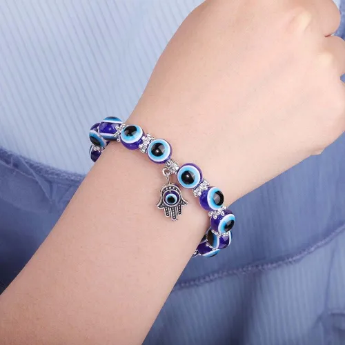 Vista 7 de Evil Eye Hamsa Blue Beaded Charm Stretch Bracelet Hand of Fatima Turkish Lucky Evil Eye Bracelet for Protection and Blessing