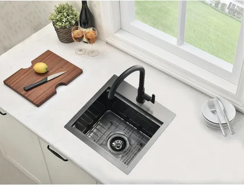 Vista 4 de Fregadero de Barra Negro Empotrable de 15x15 Pulgadas - Fregadero de Cocina Cuadrado Pequeño de Acero Inoxidable de Montaje Superior para Estación