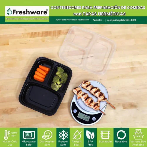 Vista 2 de Freshware Contenedores de preparación de comidas [paquete de 150] 3 compartimentos con tapas, recipientes de alimentos, lonchera, apilables, caja