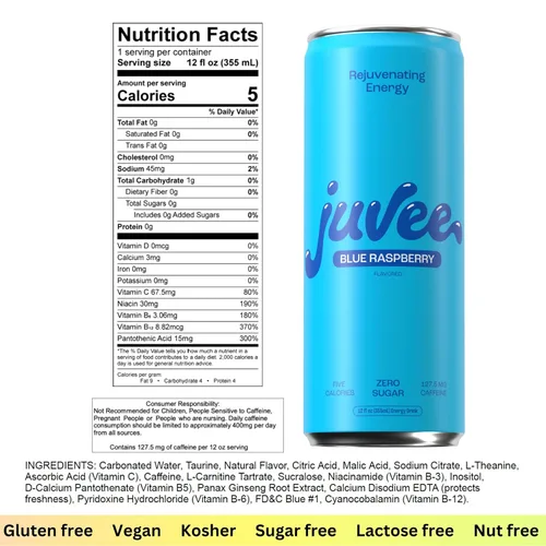 Vista 2 de Juvee Bebida energética rejuvenecedora, latas de 12 onzas, paquete de 12, sin azúcar, 128 mg de cafeína natural por lata, cero azúcar, baja