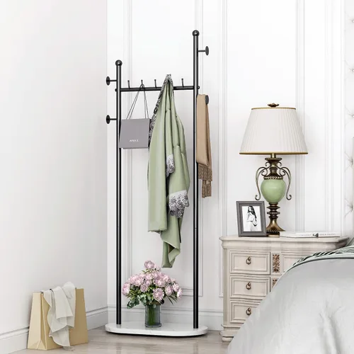 Vista 2 de DR.IRON Percheros de ropa negros con base de mármol, percheros modernos independientes negros con estantes para dormitorio, percheros resistentes