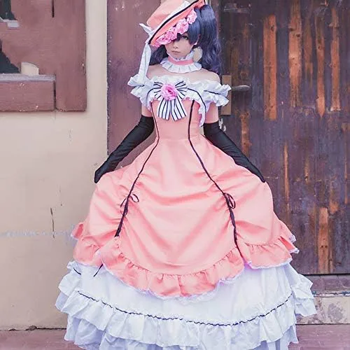 Vista 3 de Cos Anime Negro Butler Kuroshitsuji Cos Halloween Palace Mujer Rosa Vestido Cosplay Traje VestidosombreroGuantesCuello
