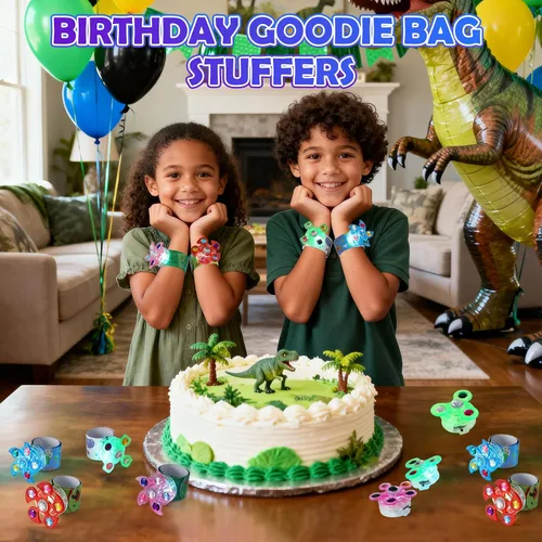 Vista 4 de SCIONE Paquete de 25 pulseras iluminadas para niños, recuerdos de fiesta de dinosaurios para niños de 4 a 8 a 12 años, rellenos de bolsas de regalos