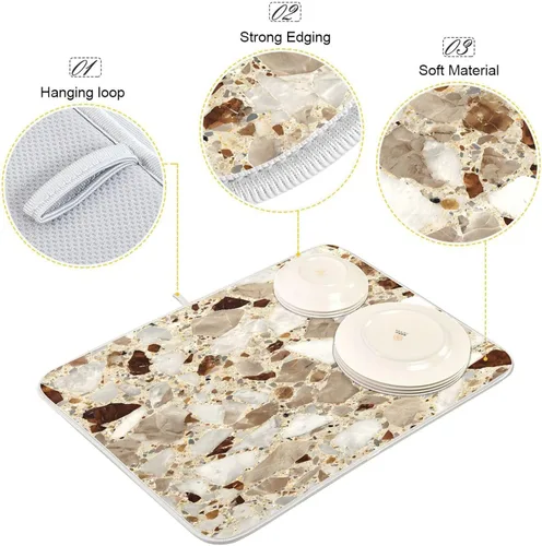 Vista 4 de Beige and Brown Marble Print Dish Drying Mat for Kitchen Counter Super Absorbent Drying Mat 16x18 inch Large Dish Drying Matts for Countertop