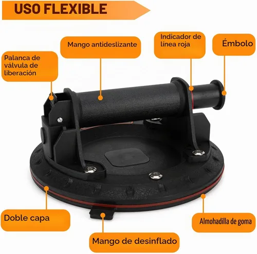 Vista 3 de Ventosas de vacío de 8 pulgadas resistentes para levantar vidrio grande, elevador de ventosa industrial con asa, capacidad de carga de 500 libras