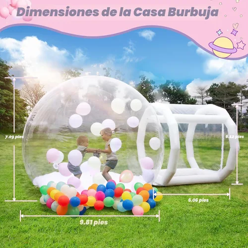 Vista 3 de Casa de Burbujas Inflable Cúpula para Niños y Adultos, Casa de Burbujas de PVC Transparente con Túnel, Soplador de Aire, Bomba de Aire, Casa
