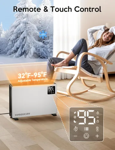 Vista 4 de VAGKRI Calentador Eléctrico de Espacio Silencioso, Calentador de Pared de 1500W de Calentamiento Rápido con Control Remoto, 3 Modos de Calefacción