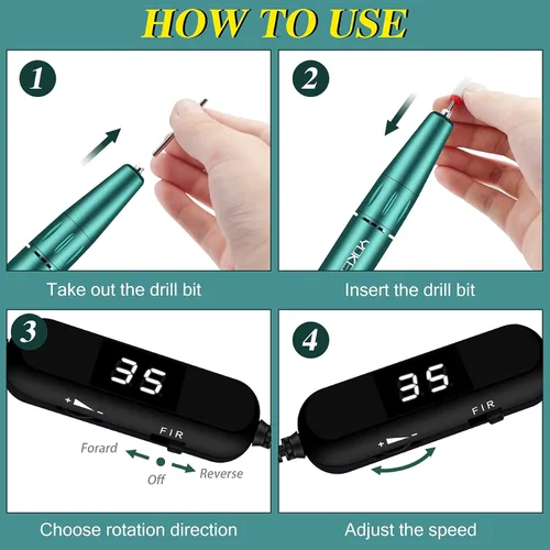 Vista 4 de YOKE FELLOW Taladro de uñas acrílico, 35000 rpm, portátil, USB, manicura, lijadora, pulidora de uñas Efile para uñas acrílicas, verde