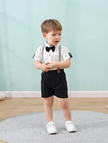 Vista 2 de SOLOYEE Conjunto de ropa para bebé niño, camisa de vestir con corbatín de manga larga y corta para bebés