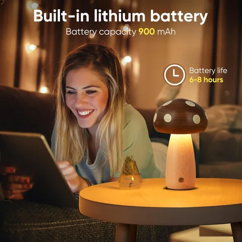 Vista 5 de LONRISWAY Paquete de 2 lámparas de mesa LED de madera con forma de hongo, lámparas pequeñas recargables inalámbricas táctiles, luz nocturna