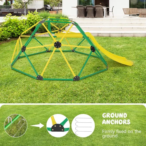 Vista 6 de Olakids Cúpula de escalada con tobogán, para niños al aire libre, gimnasio, cúpula geométrica, marco de acero, estructura de escalada de 8 pies