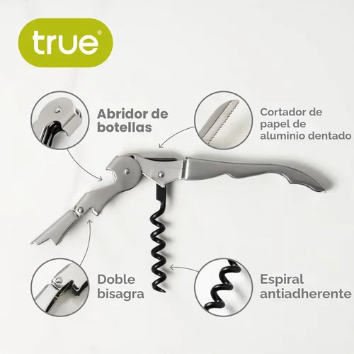 Vista 2 de True Truetap - Abrebotellas de vino con doble bisagra, sacacorchos de acero inoxidable con cortador de papel de aluminio integrado, herramientas