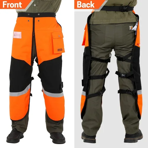 Vista 5 de Delantal de seguridad para motosierra de 8 capas, resistente, con cintura ajustable y bolsillo para hombres/mujeres, clásico C, naranja y negro