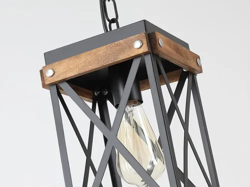 Vista 5 de Accesorio de Lámpara Colgante de Madera Rústica de Granja, Una Luz con Cadena Ajustable, Jaula de Linterna de Madera de Roble y Metal, Iluminación