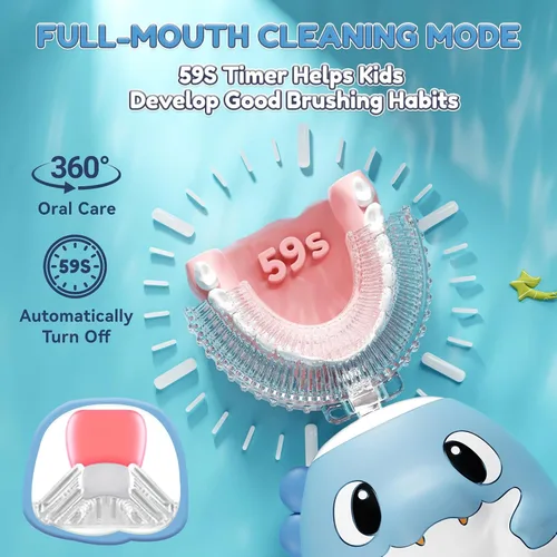 Vista 5 de Cepillo de dientes eléctrico en forma de U para niños, cepillo de dientes automático sónico de dinosaurio con 6 cabezales de cepillo, boca completa