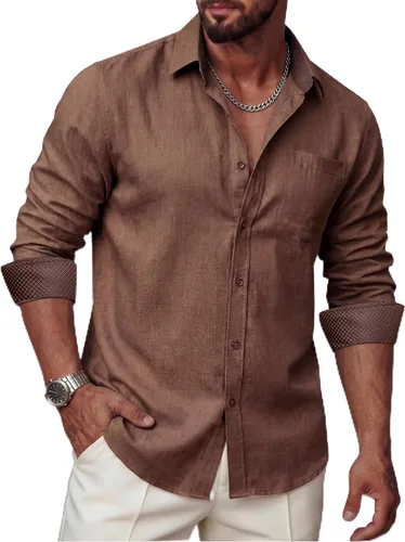 Vista 25 de Camisas de lino para hombre, casual, de manga larga, con botones, ajuste regular, cuello en contraste, con bolsillo