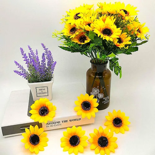 Vista 5 de Grunyia 100 cabezas artificiales de girasol amarillo de seda de 2.8 pulgadas