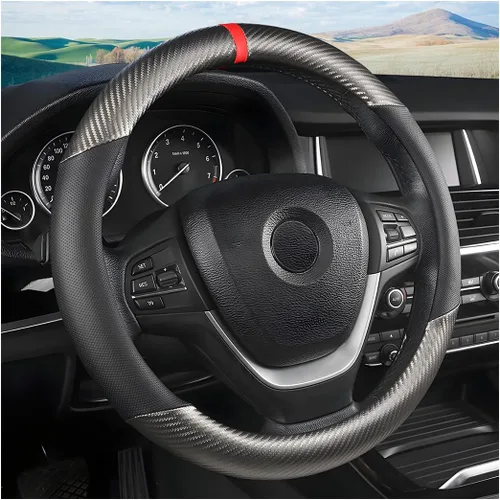 Vista 16 de Moly Magnolia Funda universal para volante de fibra de carbono, de 15 pulgadas, transpirable, antideslizante, negra, de cuero y fibra de carbono