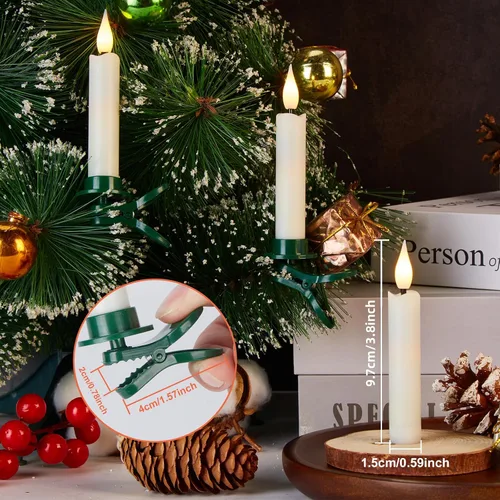 Vista 4 de IMAGE Juego de 12 velas LED cónicas sin llama, velas de marfil con mecha 3D con diseño de árbol de Navidad con clip, control remoto de 10 teclas
