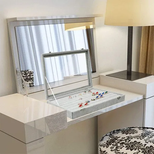 Vista 7 de Stylifing Organizador de aretes de anillo con tapa transparente de 7 ranuras, bandeja de joyería, organizador de cajones con cerradura para novia